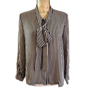 JARA Women's Black Beige Striped Tie Neck Button Down Long Sleeve Blouse Sz M